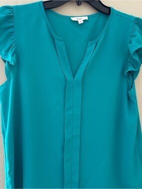 MINE Teal Ruffle Cap-Sleeve Split-Neck Blouse